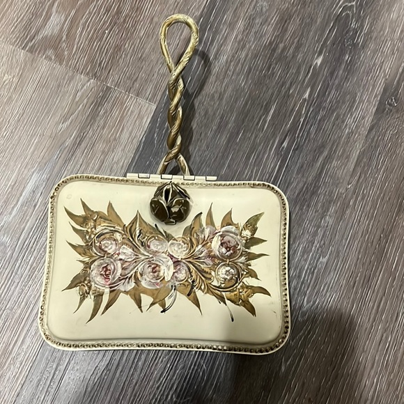 Vintage hand painted metal floral cream gold silent butler - Picture 2 of 9